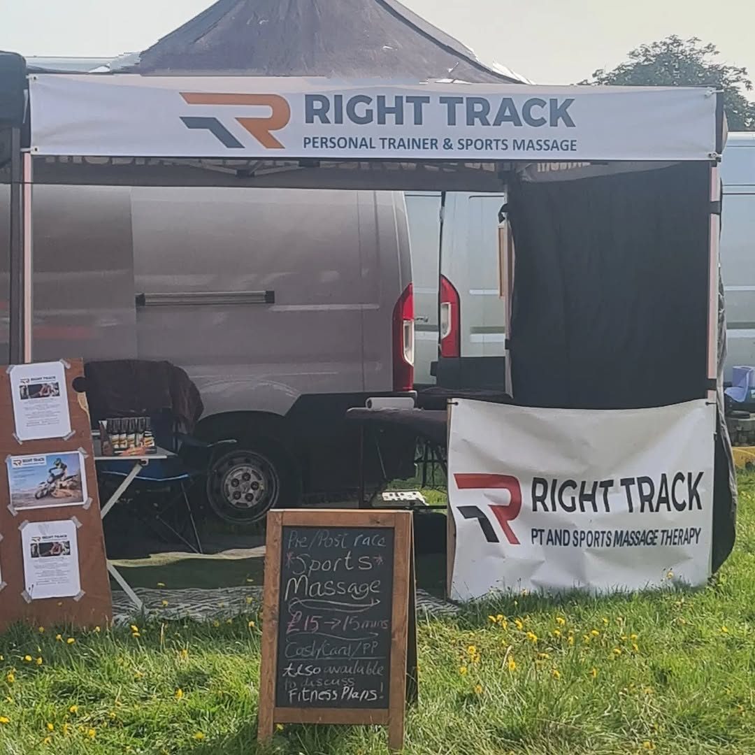 The Right Track personal trainer and sports massage gazebo set up at a race event